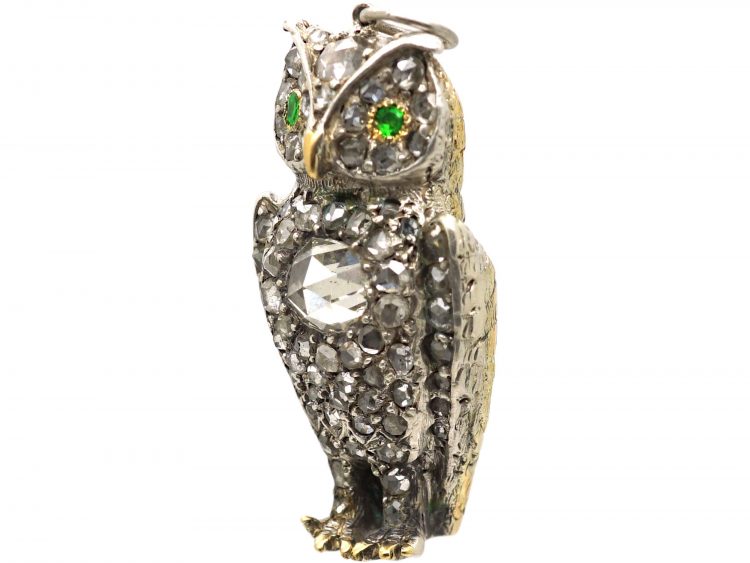 Victorian Owl Pendant set with Rose Cut Diamonds & Green Garnets