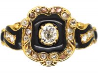 Victorian 18ct Gold, Black Enamel & Diamond Mourning Ring