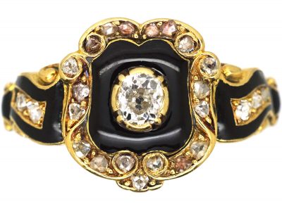 Victorian 18ct Gold, Black Enamel & Diamond Mourning Ring