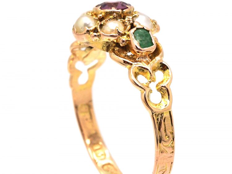 Victorian 15ct Gold Ruby, Emerald & Natural Split Pearl Ring
