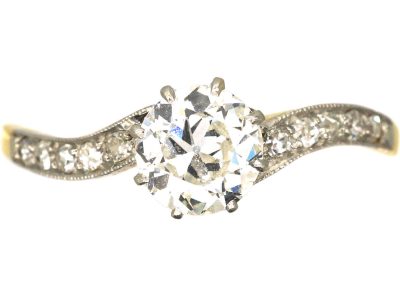 Dutch Belle Epoque 14ct Gold & Platinum, Diamond Ring with Diamond Set Curved Shoulders