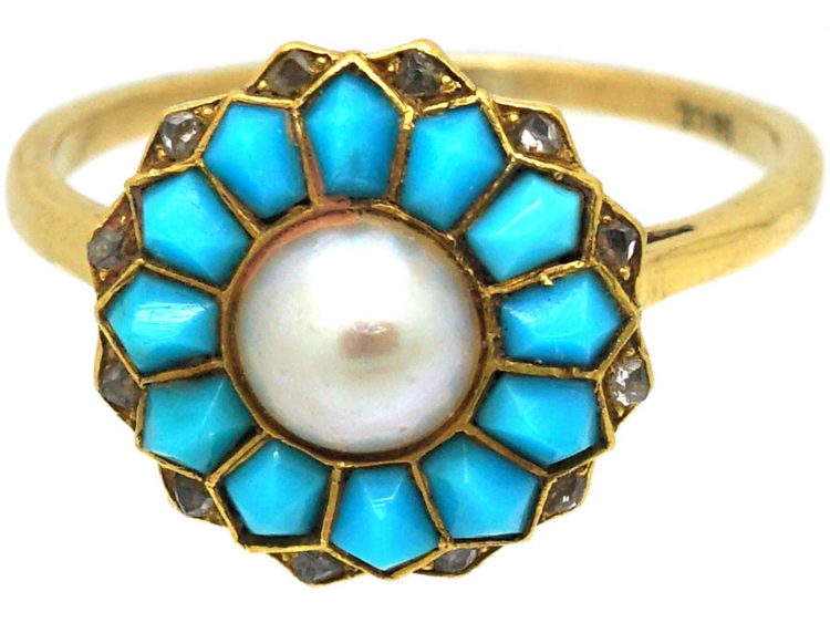 Edwardian 18ct Gold, Turquoise & Natural Pearl Ring with Diamond Points