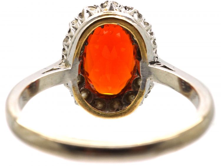 Art Deco 18ct White Gold, Fire Opal & Diamond Cluster Ring
