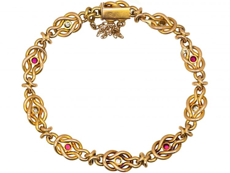 Edwardian 15ct Gold Lover's Knot Bracelet set with Rubies & Diamonds