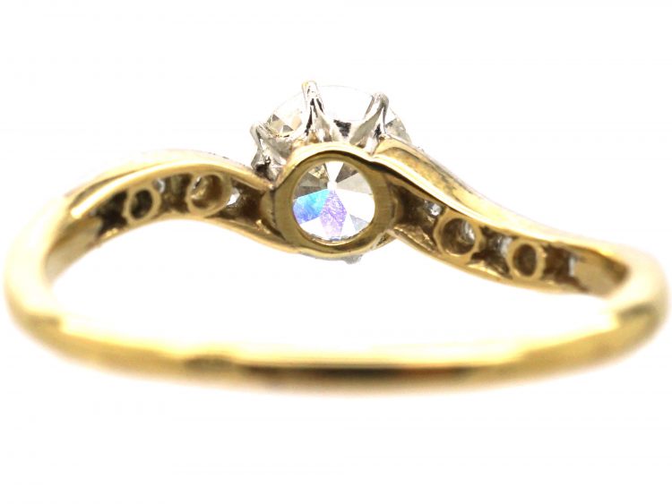 Dutch Belle Epoque 14ct Gold & Platinum, Diamond Ring with Diamond Set Curved Shoulders