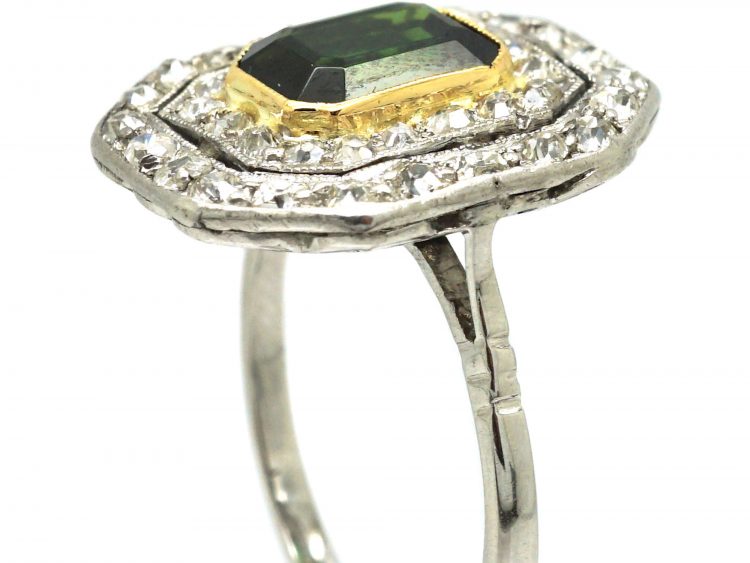 Art Deco Platinum, Green Tourmaline & Diamond Octagonal Shaped Ring