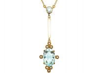 Art Deco 15ct Gold Aquamarine & Natural Pearl Pendant on 15ct Gold Chain