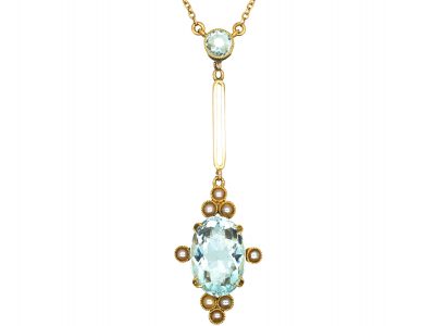 Art Deco 15ct Gold Aquamarine & Natural Pearl Pendant on 15ct Gold Chain