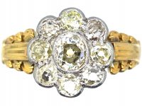 Victorian 18ct Gold, Old Mine Cut Diamond Cluster Ring with Ornate Shoulders