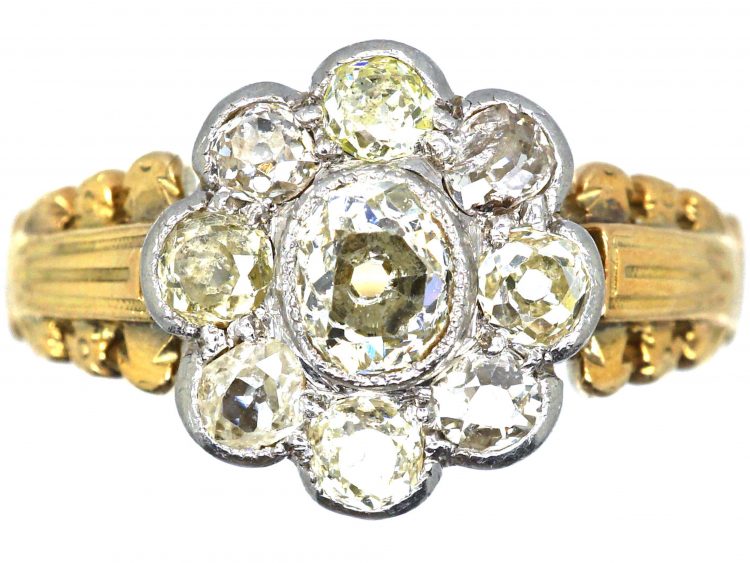 Victorian 18ct Gold, Old Mine Cut Diamond Cluster Ring with Ornate Shoulders