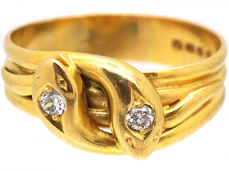 Victorian 18ct Gold Double Snake Ring set with Diamonds