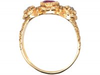 Georgian 15ct Gold, Ruby & Rose Diamond Ring with Repousse Shoulders