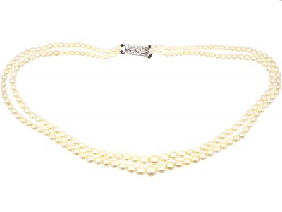 Art Deco Two Row Cultured Pearl Necklace with 18ct White Gold & Diamond Clasp