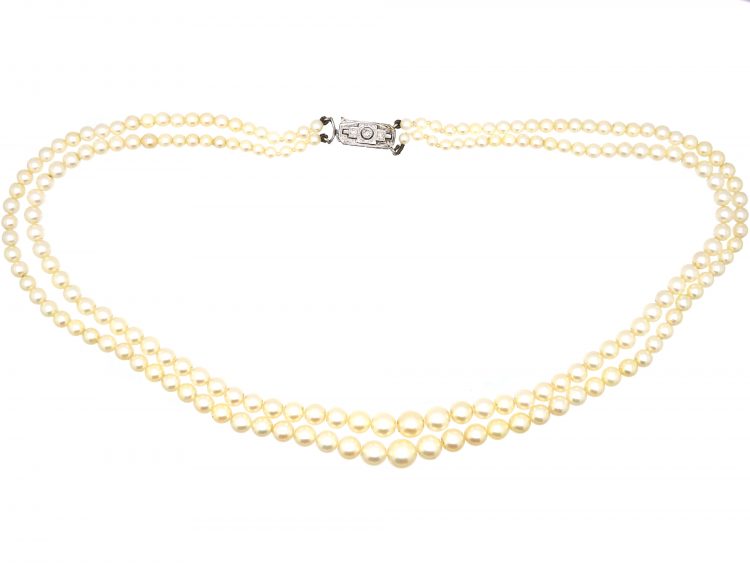 Art Deco Two Row Cultured Pearl Necklace with 18ct White Gold & Diamond Clasp