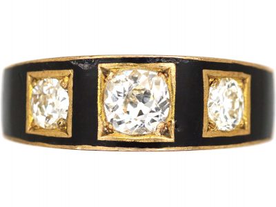 Victorian 18ct Gold, Black Enamel & Diamond Three Stone Ring