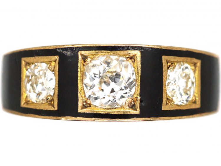 Victorian 18ct Gold, Black Enamel & Diamond Three Stone Ring