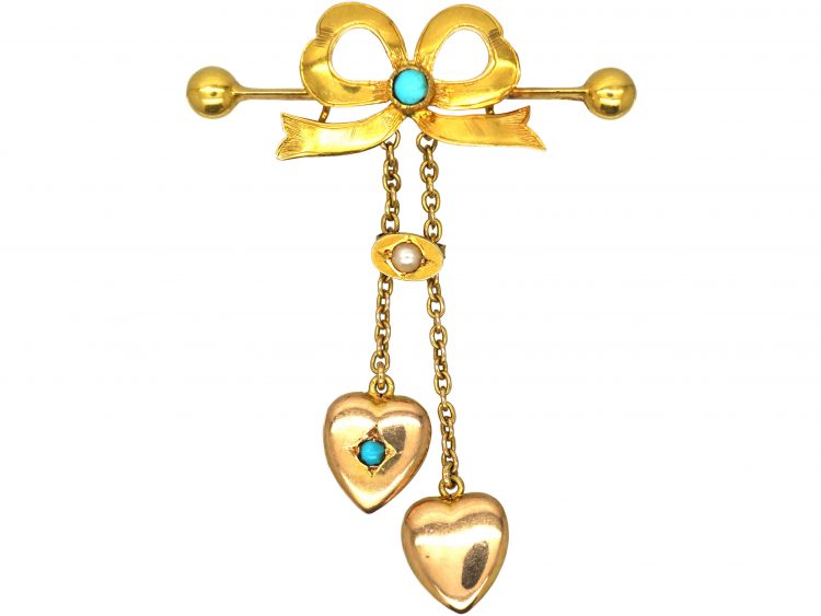 Edwardian 15ct Gold Bow Brooch with Two Heart Shaped Drops set with Turquoise