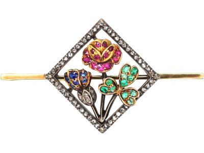 Edwardian Rose, Shamrock & Thistle Brooch set with Diamonds, Emeralds & Rubies