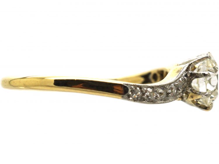 Dutch Belle Epoque 14ct Gold & Platinum, Diamond Ring with Diamond Set Curved Shoulders