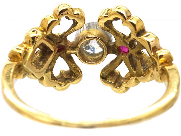 French Art Nouveau 18ct Gold & Platinum, Ruby & Diamond Ring with Two Bows