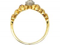 French Art Nouveau 18ct Gold & Platinum, Ruby & Diamond Ring with Two Bows