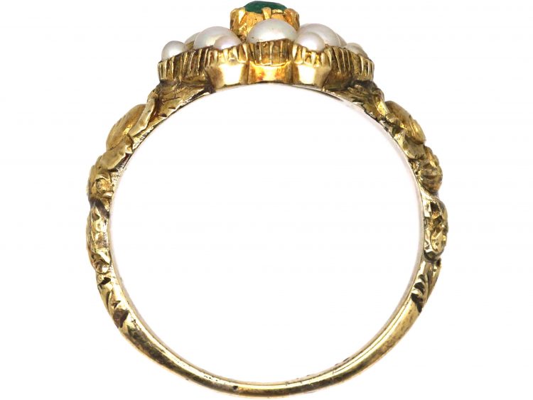 Georgian 18ct Gold, Natural Split Pearl & Emerald Cluster Ring