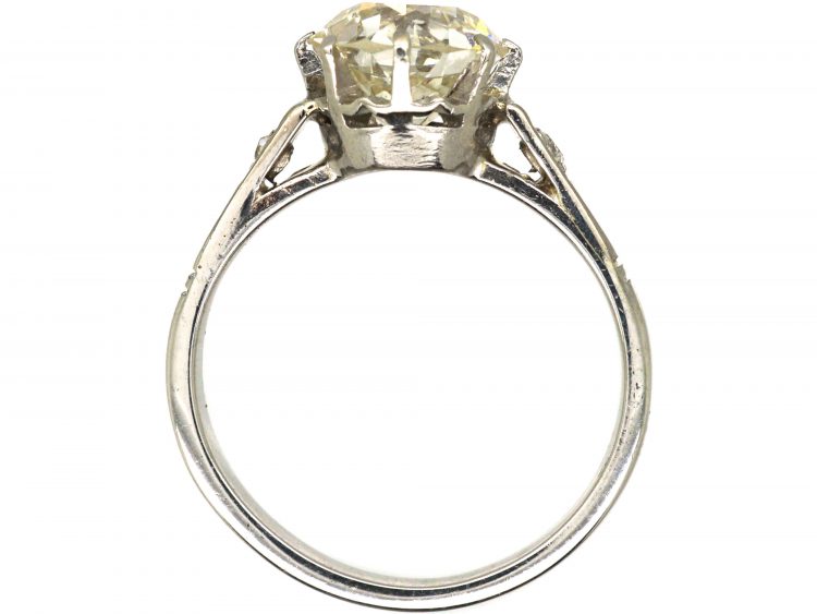 Art Deco French Platinum 2.10 Carat Diamond Solitaire Ring with Diamond Set Shoulders