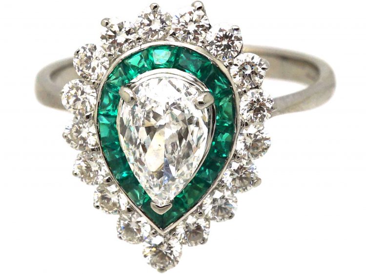 18ct White Gold, Emerald & Diamond Pear Shaped Ring