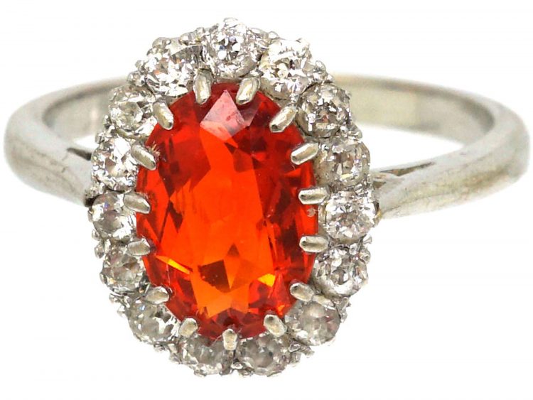 Art Deco 18ct White Gold, Fire Opal & Diamond Cluster Ring