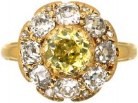 Victorian 18ct Gold Diamond Cluster Ring set with an Old Mine Cut Fancy Yellow Diamond