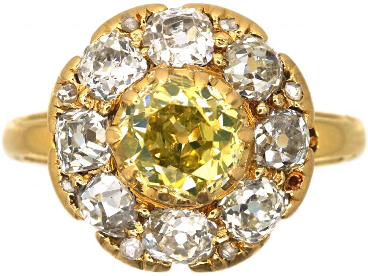 Victorian 18ct Gold Diamond Cluster Ring set with an Old Mine Cut Fancy Yellow Diamond