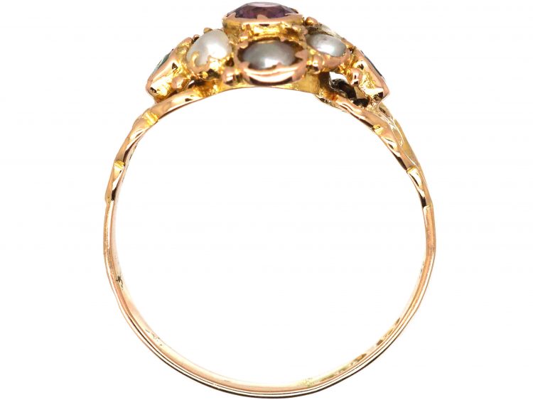 Victorian 15ct Gold Ruby, Emerald & Natural Split Pearl Ring