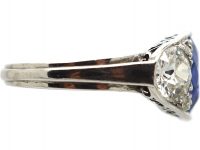 Art Deco Platinum, Unheated Burma Sapphire & Diamond Three Stone Ring