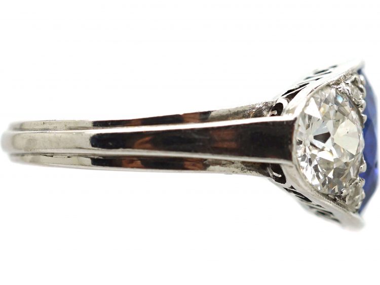 Art Deco Platinum, Unheated Burma Sapphire & Diamond Three Stone Ring