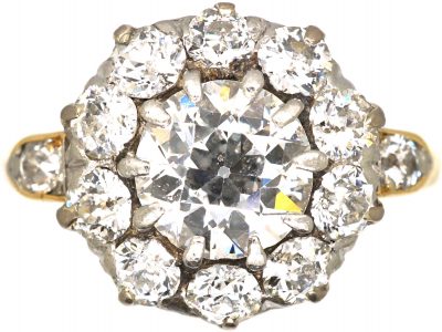 Edwardian 18ct Gold, Diamond Cluster Ring with Diamond Set Shoulders