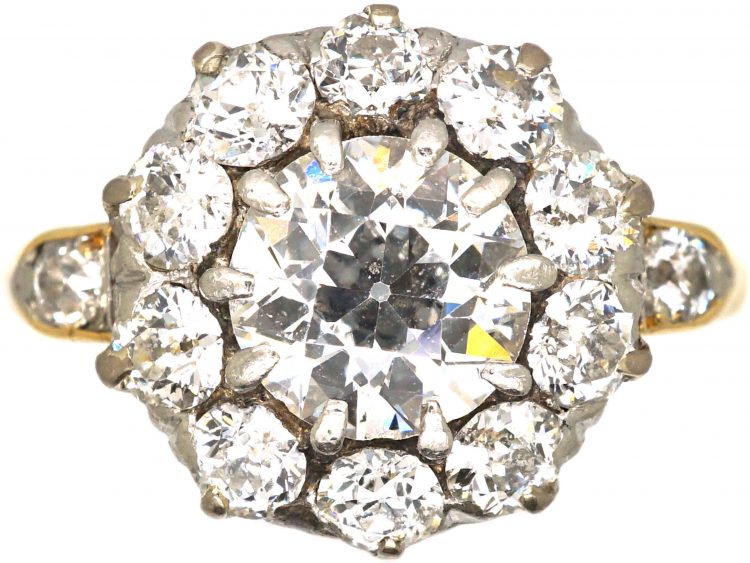 Edwardian 18ct Gold, Diamond Cluster Ring with Diamond Set Shoulders