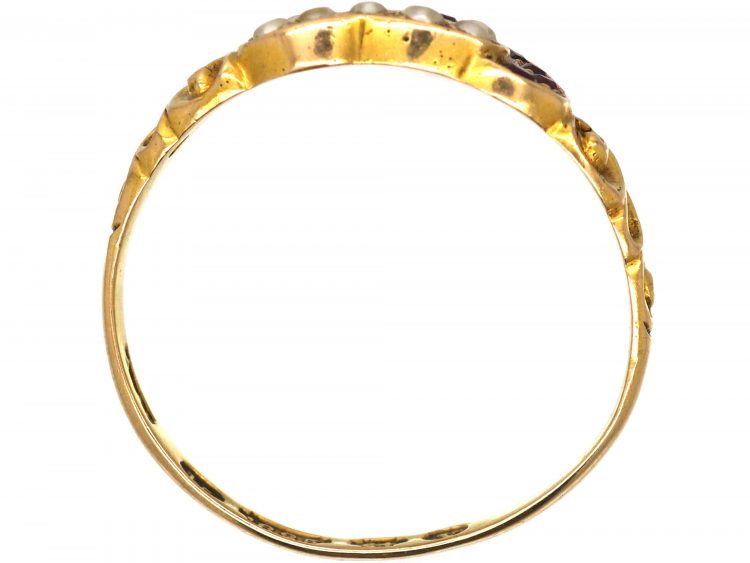 Victorian 15ct Gold Double Heart Ring set with Rubies & Natural Split Pearls
