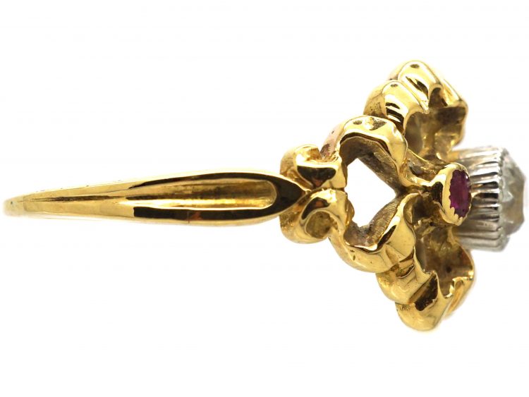 French Art Nouveau 18ct Gold & Platinum, Ruby & Diamond Ring with Two Bows