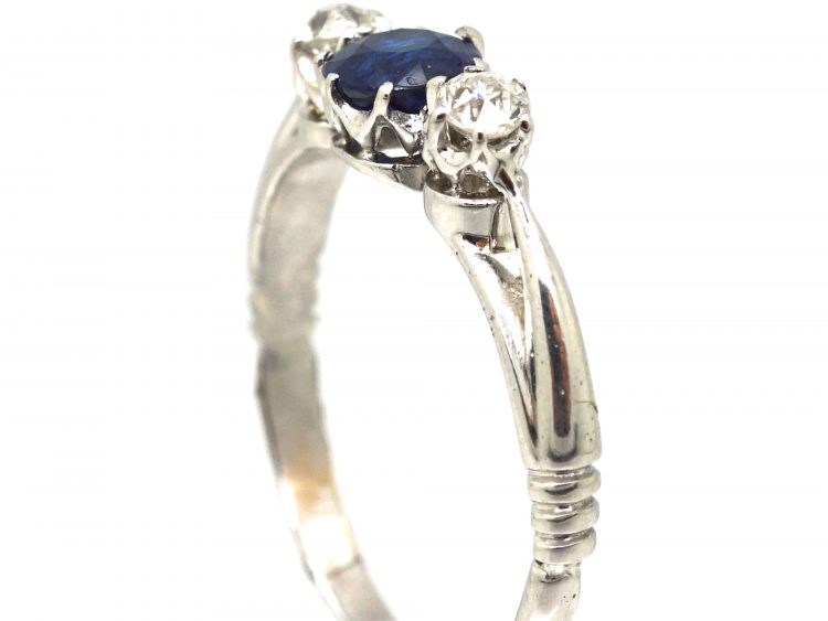 Art Deco 18ct Gold, Three Stone Sapphire & Diamond Ring