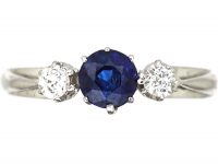 Art Deco 18ct Gold, Three Stone Sapphire & Diamond Ring