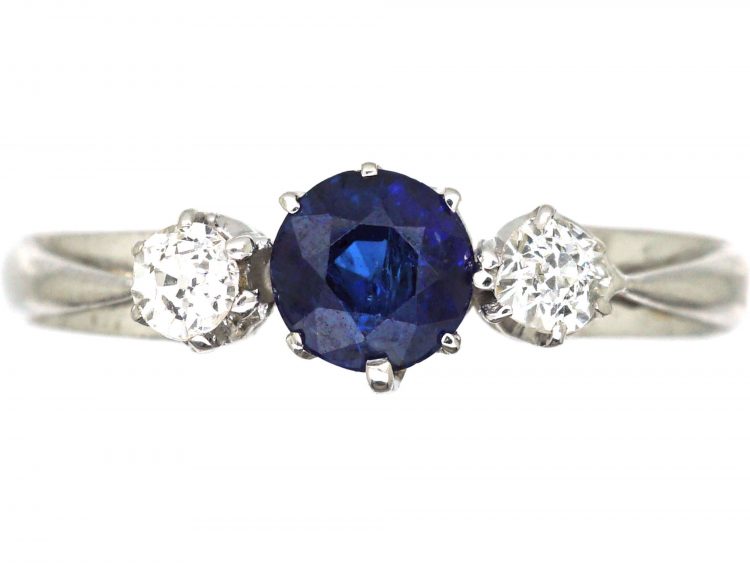 Art Deco 18ct Gold, Three Stone Sapphire & Diamond Ring