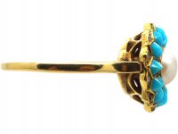 Edwardian 18ct Gold, Turquoise & Natural Pearl Ring with Diamond Points
