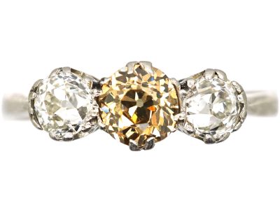 Art Deco Platinum, Three Stone Ring with Champagne Coloured Diamond in the Centre