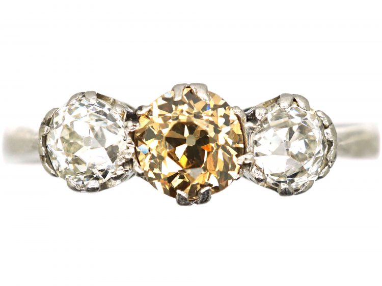 Art Deco Platinum, Three Stone Ring with Champagne Coloured Diamond in the Centre