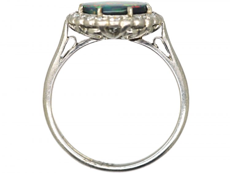 Art Deco 18ct White Gold & Platinum, Black Opal & Diamond Ring