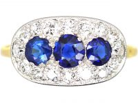Edwardian 18ct & Platinum, Three Stone Sapphire & Diamond Oval Boat Shaped Ring