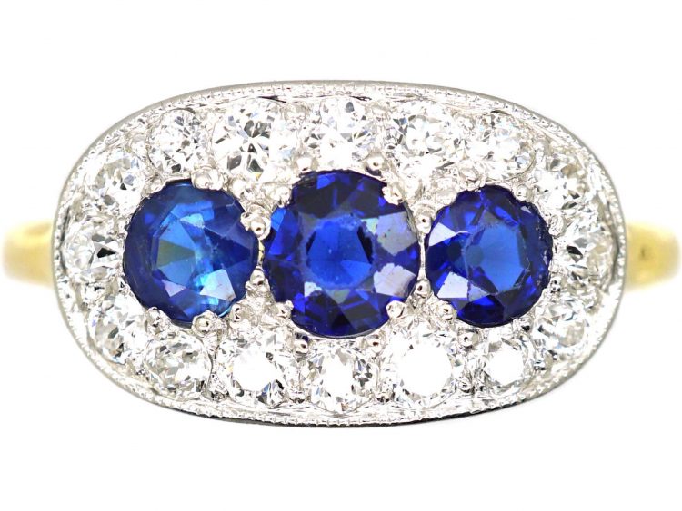 Edwardian 18ct & Platinum, Three Stone Sapphire & Diamond Oval Boat Shaped Ring