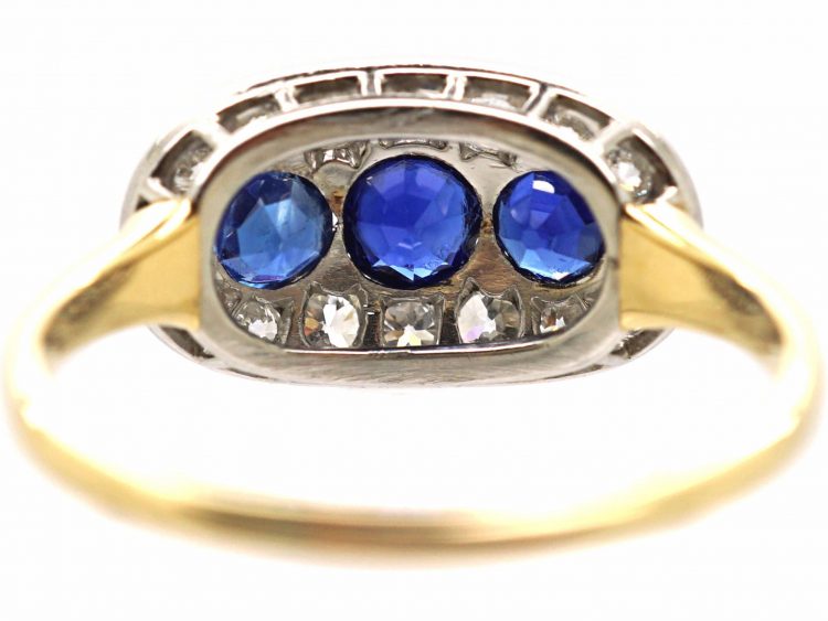 Edwardian 18ct & Platinum, Three Stone Sapphire & Diamond Oval Boat Shaped Ring