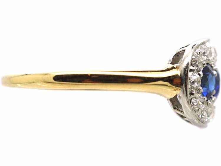 Edwardian 18ct & Platinum, Three Stone Sapphire & Diamond Oval Boat Shaped Ring