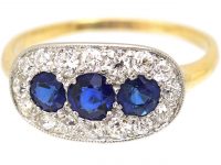 Edwardian 18ct & Platinum, Three Stone Sapphire & Diamond Oval Boat Shaped Ring